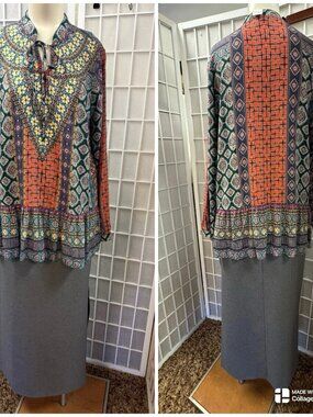 Tolani/Tracy Evans, Blouse+Skirts Set, Gray-Multicolor, Sz S,Modal,Long Sleeve.!